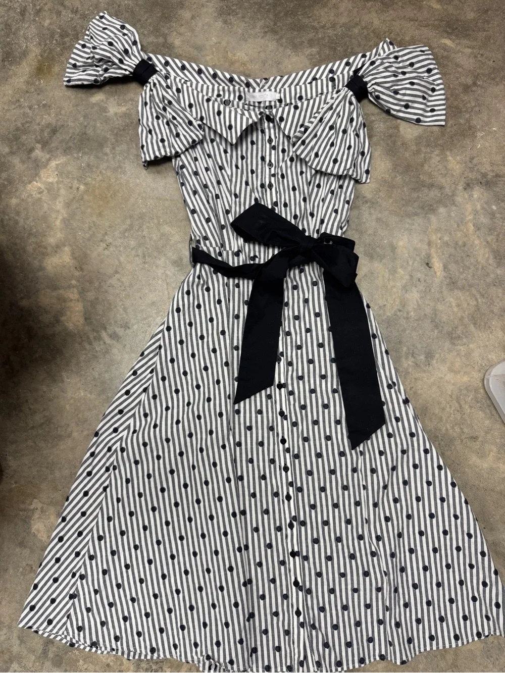 Anne Fontaine Polka Dot Striped Off-the-Shoulder Cotton Midi Dress Navy White 10